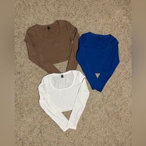 NWOT SHEIN set of 3 Long Sleeve Crop Tops - Brown, Blue, White. Size Small 4.